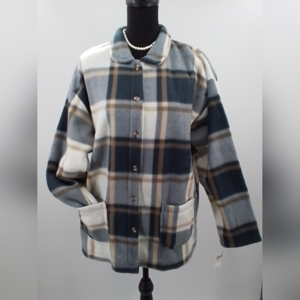1990's NWT Carolyn Taylor TARTAN PLAID Button Up FLEECE Coat JACKET Sz LG